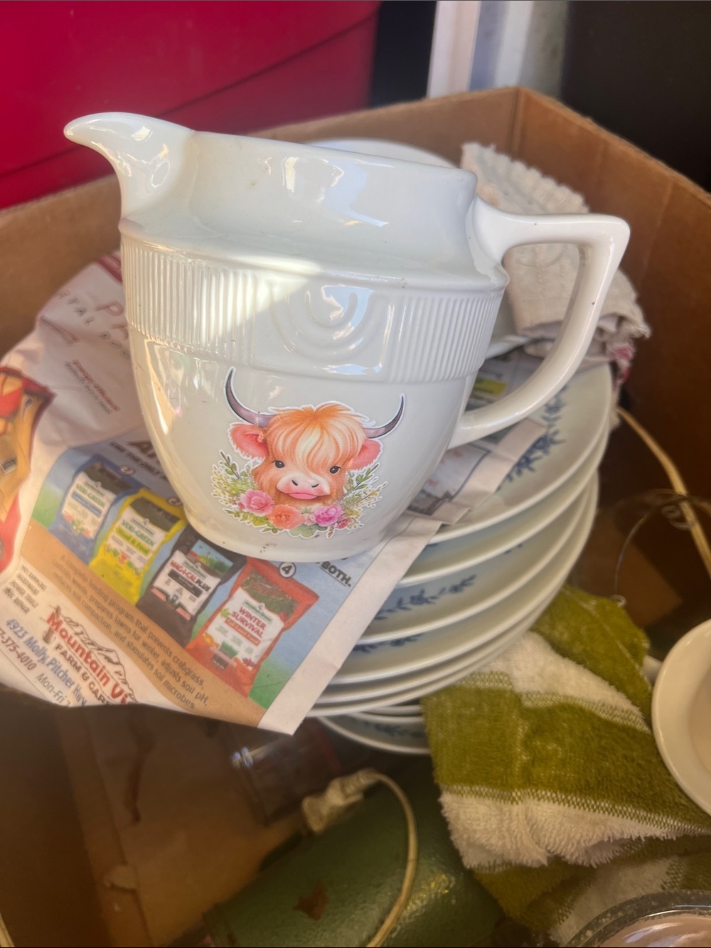 Vintage White Ceramic Pitcher with Cute Cow Motif